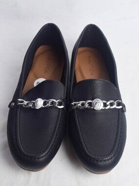 Nautica Womens 9W Raintree Black Slip On Loafers Flats Silver Chain Classic Lux